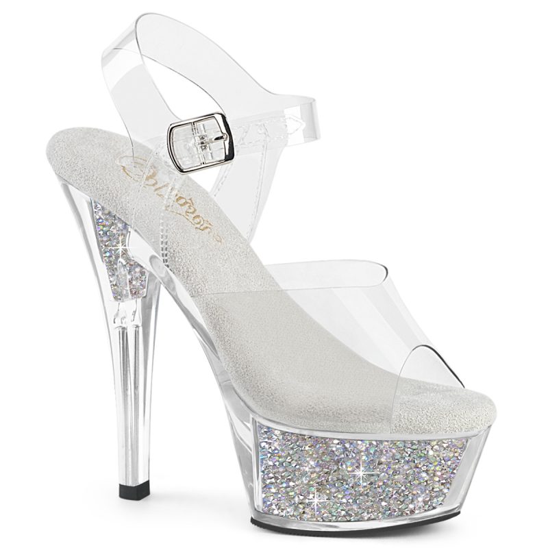 KISS-208RSI Durchsichtige Riemchen Sandalette mit Strass in Plateau und Absatz mit 4,5 cm Plateau und 15 cm Absatz.