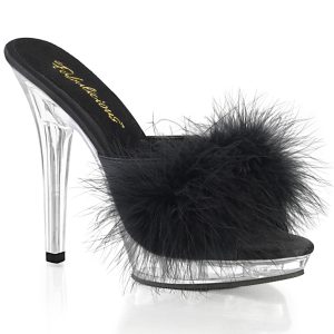 Schwarze Pantolette mit Marabu Federn und durchsichtigem Plateau und Absatz, Kollektion Fabulicious by Pleaser USA, 12,5 cm High Heel Absatz, 2 cm Plateau.