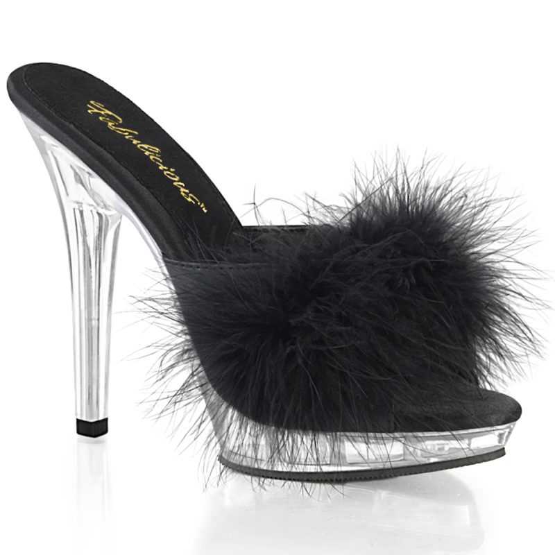 Lip-101-8 Schwarze Marabu Pantolette mit durchsichtigem Plateau Schwarze Pantolette mit Marabu Federn und durchsichtigem Plateau und Absatz, Kollektion Fabulicious by Pleaser USA, 12,5 cm High Heel Absatz, 2 cm Plateau.