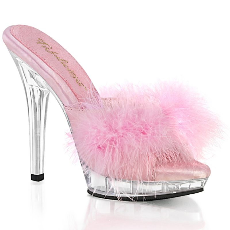 Lip-101-8 Baby pinke Marabu Pantolette mit durchsichtigem Plateau Pantolette mit baby pinken Marabu Federn und durchsichtigem Plateau und Absatz, Kollektion Fabulicious by Pleaser USA, 12,5 cm High Heel Absatz, 2 cm Plateau.