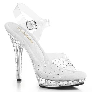 LIP-108RS Durchsichtige Sandalette mit Strass auf Obermaterial, Plateau und Absatz von Pleaser mit 12,5 cm Absatz und 2 cm Plateau.
