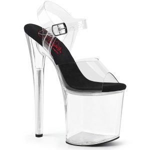 NAUGHTY-808 Durchsichtige High Heels Riemchen Sandalette mit Plateau von Pleaser USA mit 20 cm Absatz und 10 cm Plateau, mit schwarzer Lederinnensohle.