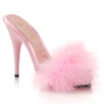 High Heel Pantolette in baby pink satin mit Marabufedern von Pleaser mit 12,5 cm hohem Absatz und 1 cm Plateau.