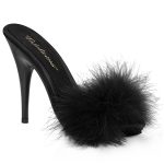 High Heel Plateau Pantolette in schwarz satin mit Marabufedern von Pleaser mit 12,5 cm hohem Absatz und 1 cm Plateau.