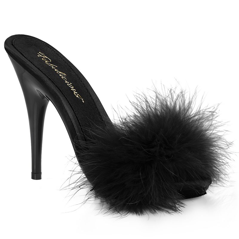 Poise-501F High Heel Pantolette in schwarz mit Marabufedern High Heel Plateau Pantolette in schwarz satin mit Marabufedern von Pleaser mit 12,5 cm hohem Absatz und 1 cm Plateau.