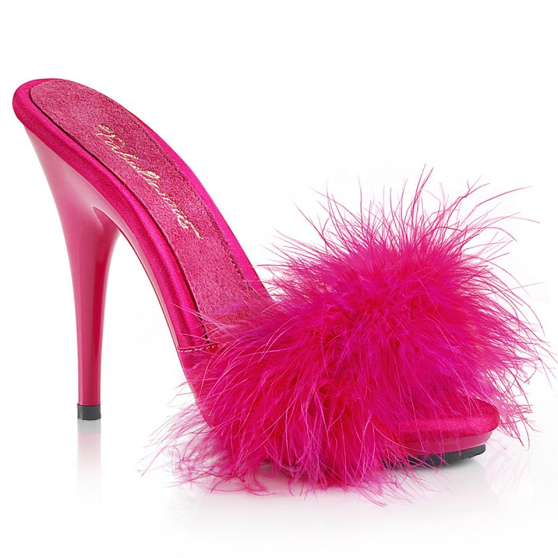 Poise-501F High Heel Pantolette in hot pink mit Marabufedern High Heel Plateau Pantolette in hot pink satin mit Marabufedern von Pleaser mit 12,5 cm hohem Absatz und 1 cm Plateau.