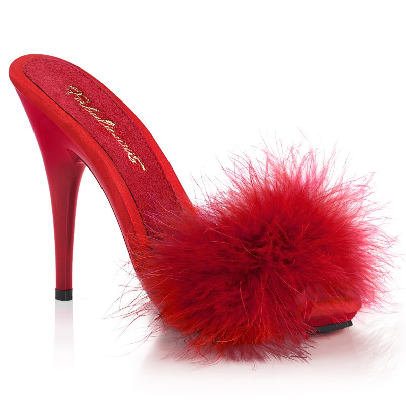 Poise-501F High Heel Pantolette in rot mit Marabufedern High Heel Plateau Pantolette in rot satin mit Marabufedern von Pleaser mit 12,5 cm hohem Absatz und 1 cm Plateau.