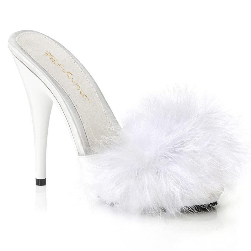 High Heel Plateau Pantolette in weiß satin mit Marabufedern von Pleaser mit 12,5 cm hohem Absatz und 1 cm Plateau.